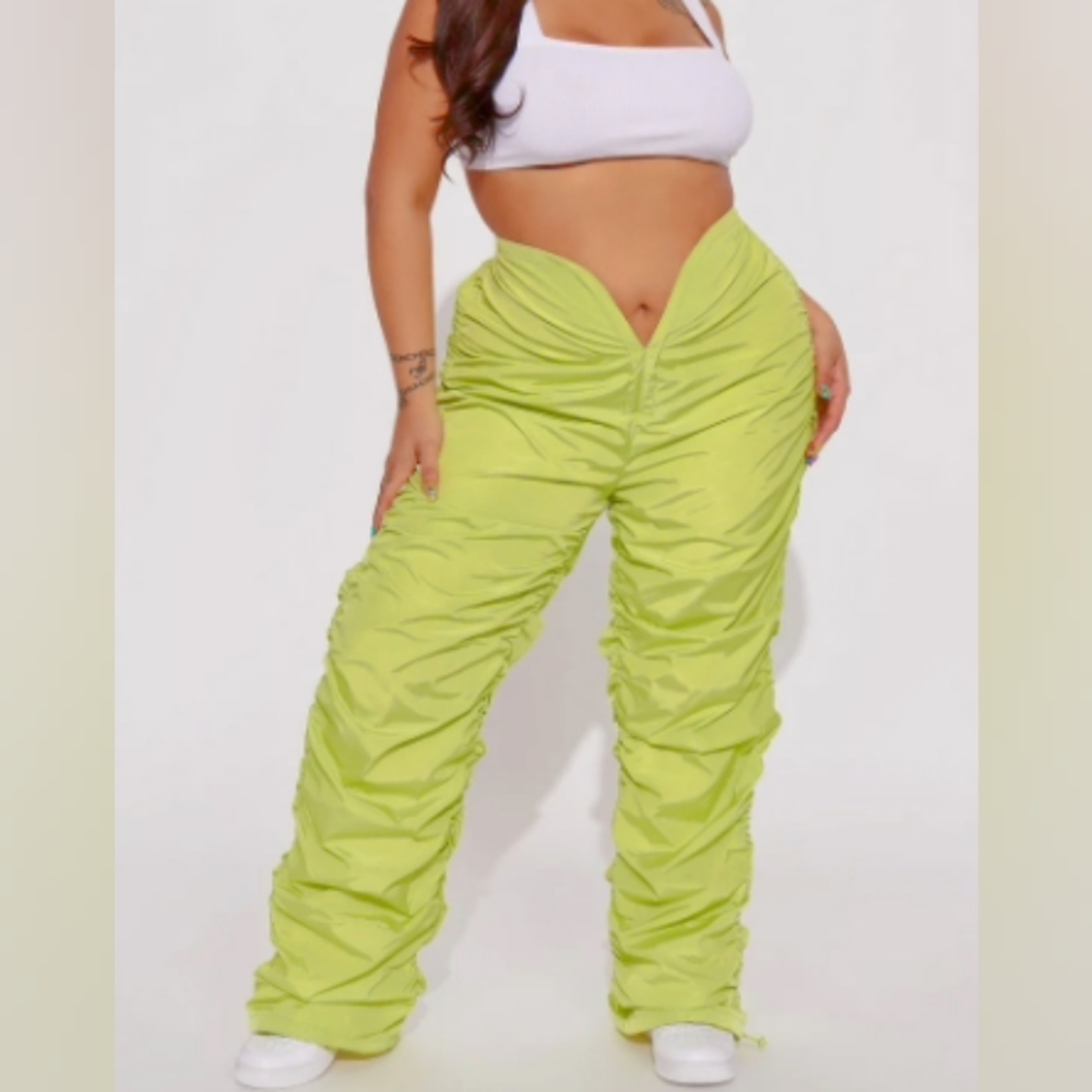 Fashion Nova Lime Ruched Stacked Parachute Pant - Women's XS